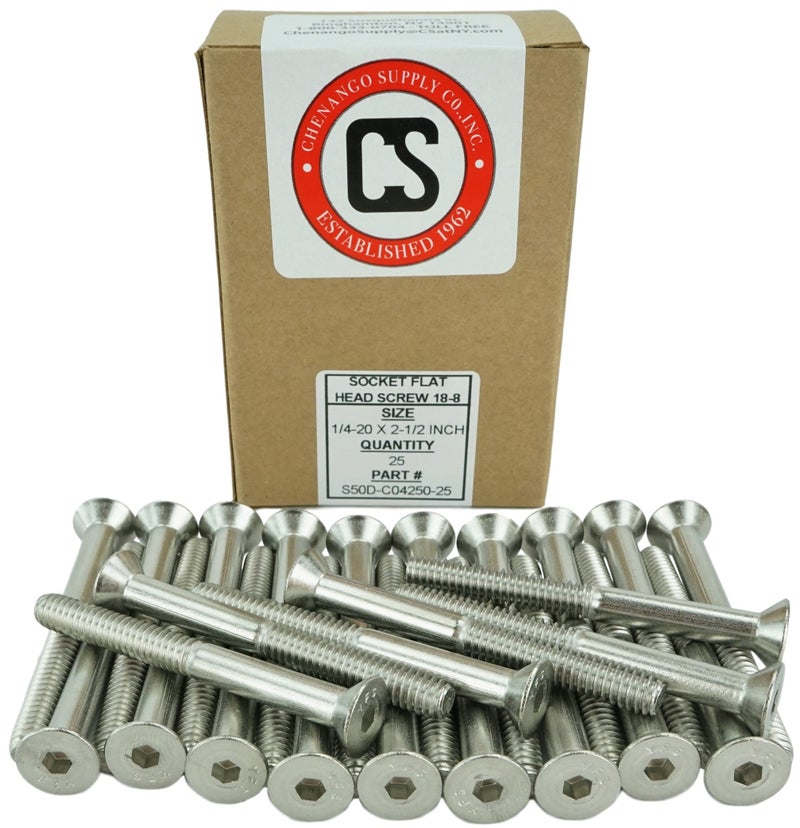 Chenango Supply Stainless 1/4-20 x 2-1/2inches (1/2inches to 3inches Available) Socket Flat Head Screws, Full Thread, Hex Drive, Stainless Steel 18-8, Coarse Thread (1/4-20 x 2-1/2 - Image 1